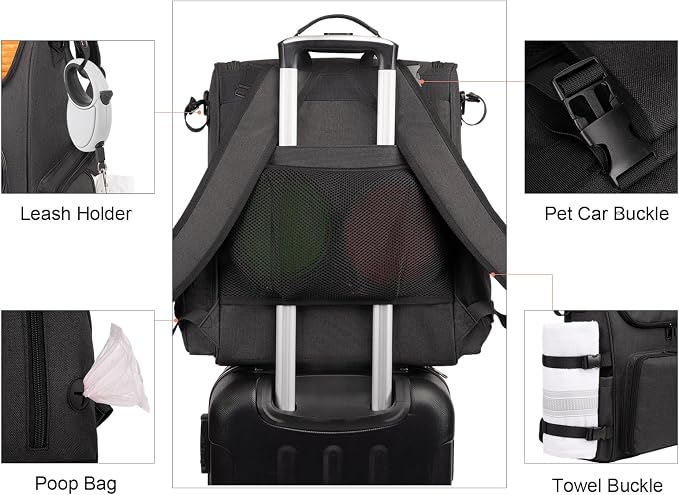 Modoker Multi-Compartment Dog Travel Backpack for Pet Supplies, Black | Dog Travel Accessories Organizer with 2 Food Bags, 2 Bowls, Quick-Access Pockets, Tissue Opening, Luggage Sleeve, Feeding Mat
