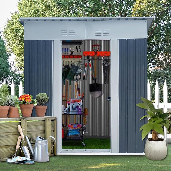 5' x 3' Outdoor Metal Storage Shed Outdoor Shed Galvanized Steel Garden Shed with Sliding Door and Window for Ventilation Storage Sheds House for Backyard Garden.（Grey）