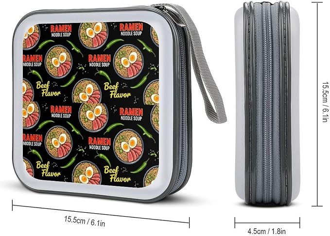 40-Disc CD/DVD Organizer Wallet Ramen Noodle Soup Beef Flavor, Heavy-Duty Hard Plastic Binder, Portable Storage Case with Carry Strap for Car