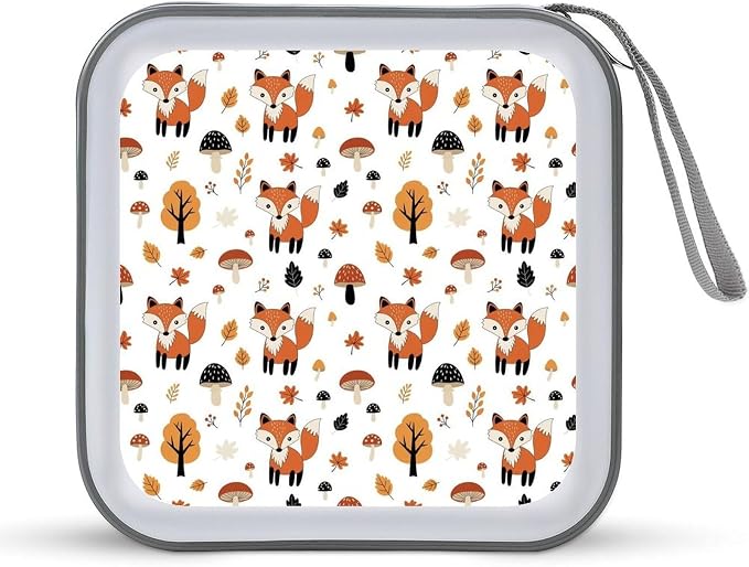 Protective 40-Disc CD/DVD Wallet Cute Fox Fall Mushrooms, Hard Plastic Storage Binder with Handle, Portable Organizer for Car Office Travel