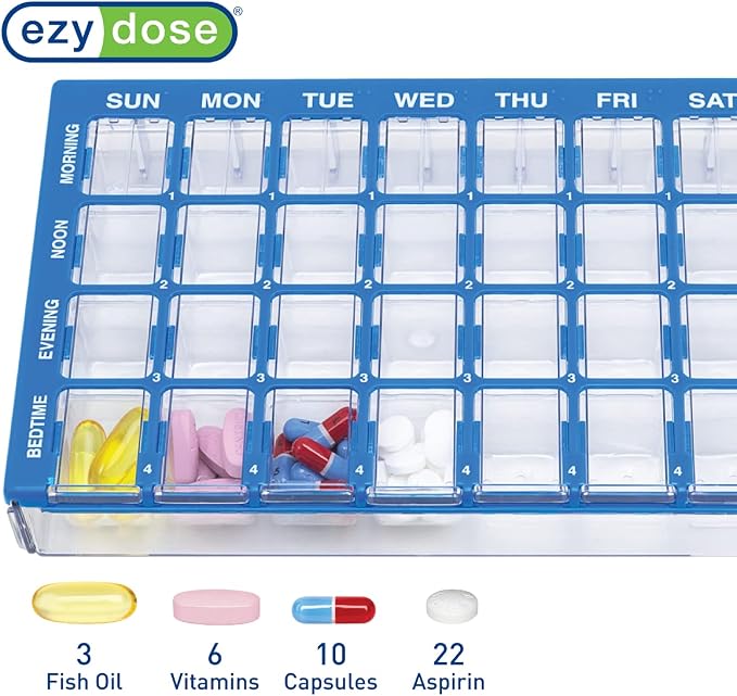 EZY DOSE Weekly (7-Day) Pill Organizer, Vitamin and Medicine Box, Medium Compartments with Easy Fill Tray, 4 Times a Day, Clear Lids, Color May Vary, BPA Free