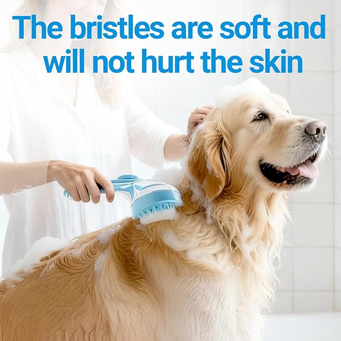 Pet Bath Brush, 2Pcs Dog Bath Brush 2 in 1 Dog Shampoo Brush with Built-in Soap Dispenser for Showering Long Short Haired Dogs Cats (Blue)