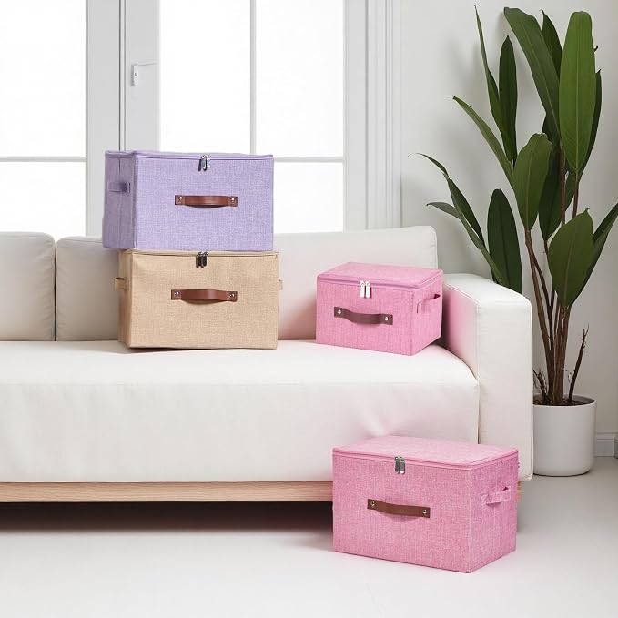 2PCS Storage Bins with Zipper Lids Decorative Lidded Basket Box | Clothes Container, Closet Shelf Organizer, Foldable Washable, Cotton Linen Fabric, w/ PU Leather Handles, Pink, Small