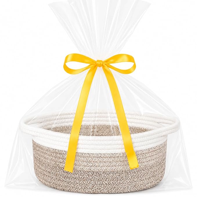 ABenkle Small Basket Empty Gift Basket, Decorative Boho Rope Woven Nursery Storage Organizer Dog Toy Baskets for Baby Showers Christmas Easter with Gift Bags and Ribbons, 12"X 8" X 5"