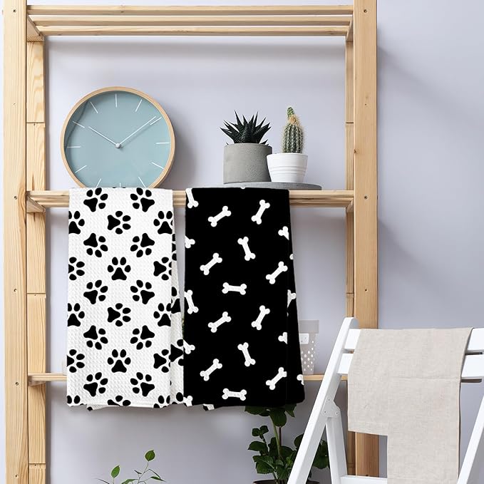 Black and White Dog Paws Kitchen Towels, Dog Mom Dad Lovers Gifts Dish Towels for Kitchen, Dogs Bathroom Hand Towels Decorative Set of 2, Pet Lover Gifts for Women Men Home & Kitchen