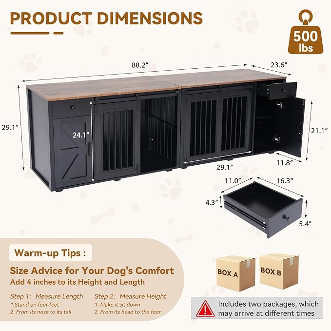 Verano Garden 88" Dog Crate Furniture, Dog Kennel Cage, Black (88") | 2-in-1, Lockable, Decorative, Sliding Door, Removable Divider, Adjustable Shelf, Farmhouse, Heavy Duty, Small Medium Dogs