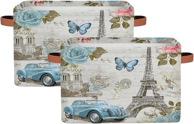 AUUXVA Storage Basket Vintage Paris Eiffel Tower Rose Flower Old Car Storage Cube Box Durable Canvas Collapsible Toy Basket Organizer Bin with Handles for Shelf Closet Bedroom Home Office