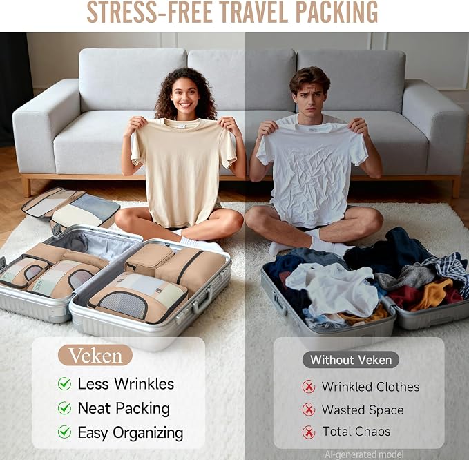 Veken 8 Set Packing Cubes for Travel Essentials, Suitcase Organizer Bags in 4 Sizes, Carry-On Luggage Accessories with Laundry Bag, Airplane Must Have with 99-Count Mesh Holes