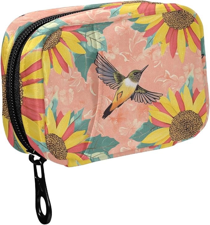 Fustylead Retro Hummingbird and Sunflower Pill Organizer for Purse, Weekly Portable Pill Box with Zipper to Storage Vitamins Fish Oils Medications Supplements