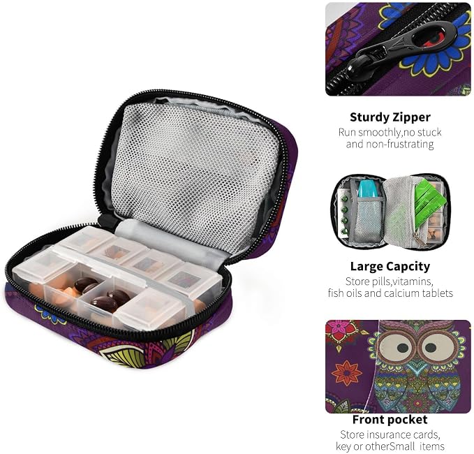 Ollabaky Mandala Floral Owl Pill Organizer Travel Pill Cases Bag Portable Pill Container 7 Days Pill Box Organizer Vitamin Supplement Holder with Zipper for Family Business