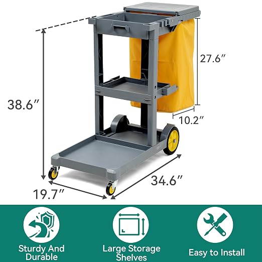 YITAHOME Grey Housekeeping Carts, Janitorial Cleaning Cart on Wheels | 3-Shelf Commercial Traditional Plastic Janitor Cart with Lid & 2 Yellow 25 Gallon Vinyl Bag, Mop & Broom Holders