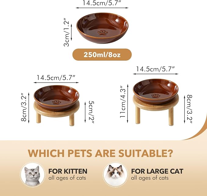 Havniva Elevated Cat Bowls, Ceramic Cat Bowl with Bamboo Stand Wide Opening | 5.7” Raised Cat Food Bowls, Whisker Friendly Cat Dish, Anti-Slip Cat Water Bowls, Shallow Cat Bowls, Cat Food & Water Bowl