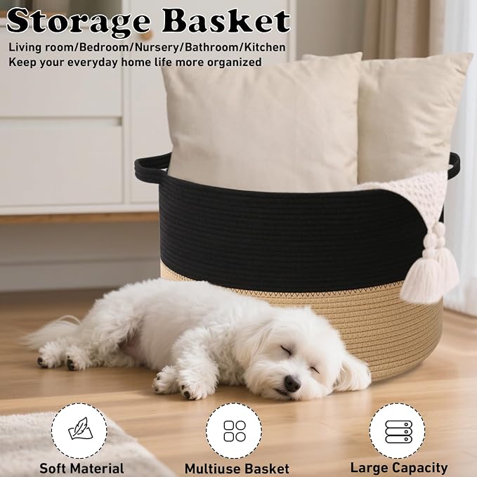 65L Large Blanket Basket,Woven Laundry Basket-Black&Camel | Collapsible, reinforced handles, nursery storage bin organizes clothes, toys and pillows for living room, bedroom bathroom
