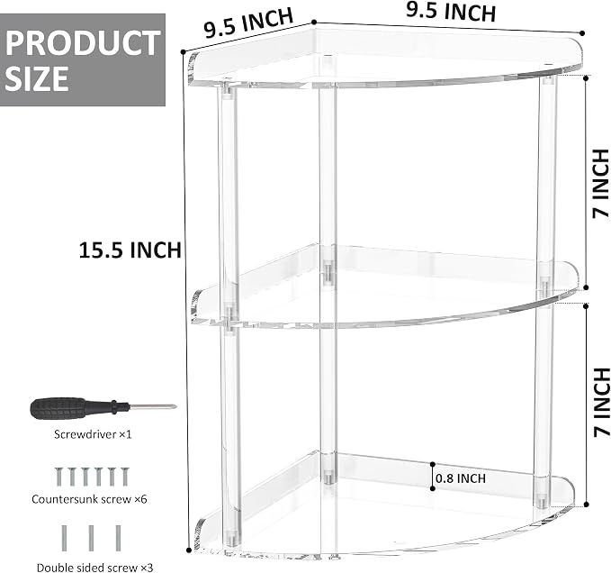 Sezanrpt 3 Tier Acrylic Corner Shelf Organizer Storage 9.5x9.5x15.7 Inch, Transparent Countertop Corner Shelf for Bathroom, Kitchen, Bedroom, Office, Study Room