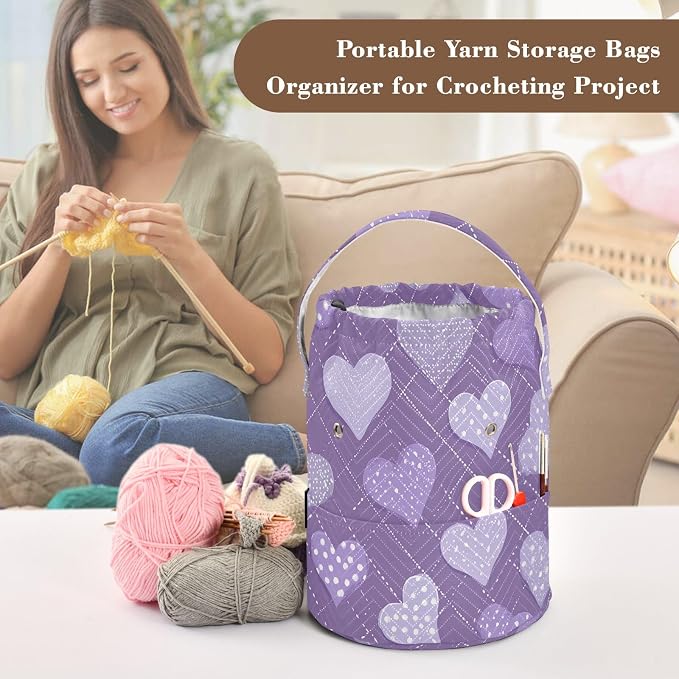 Tatenale Crochet Bag Yarn Bag Knitting Project Bag with Pockets and Handle Portable Yarn Storage Organizer Tangle Free 8.3x11 Inch Lavender Romantic Hearts Valentines Gifts
