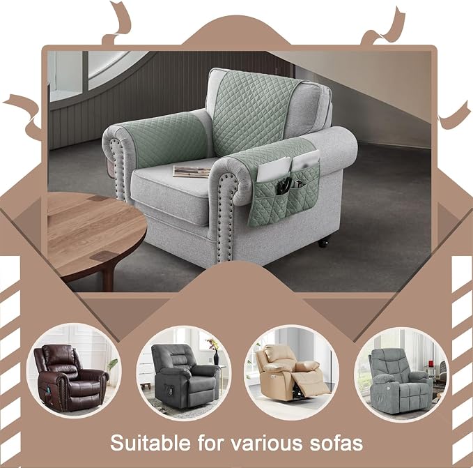 Water-Resistant Sofa Armrest and Headrest Covers with Side Pocket | Keep remotes close quilted polyester helps guard against wear, pet scratches, and kids' messes silicone backing adds grip