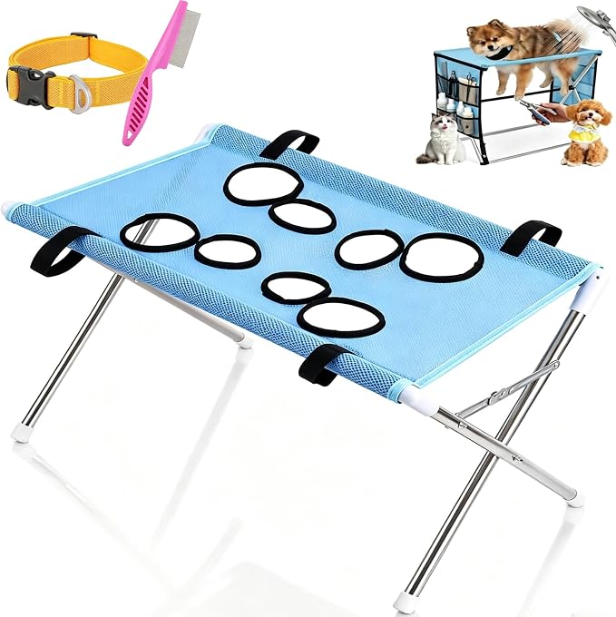 2-in-1 Foldable Pet Grooming Bed, Portable Pet Bathing Stand (Blue,A) | Dog Grooming Hammock with Foldable Frame and Mesh Side Pockets, Suitable for Pet Washing Maintenance Travel Grooming