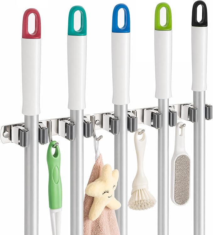 Foensc 5 Racks and 4 Hooks Mop and Broom Holder Wall Mount, Improved Non-Slip Broom Hanger Wall Mount, Self Adhesive Broom Organizer Storage Tool Racks for Home Kitchen Garden Laundry Garage