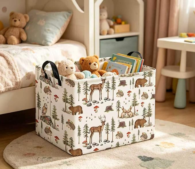 Rectangular Baby Kids Storage Basket for Home Kitchen Girls Cute Toy Storage Bin Organizer Shelf Book Room Decor(Pine Tree Animal)