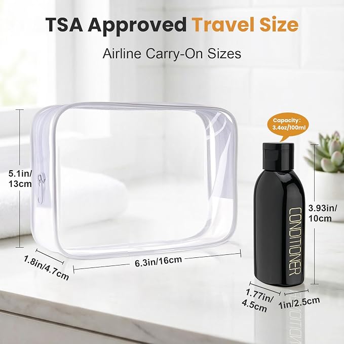 Cosywell Travel Bottles for Toiletries 4pcs 3.4oz Travel Shampoo bottles | TSA Approved, Black Travel Size Containers, Leak Proof, Small Plastic Squeeze Bottles with Flip Cap, and a Toiletry Bag