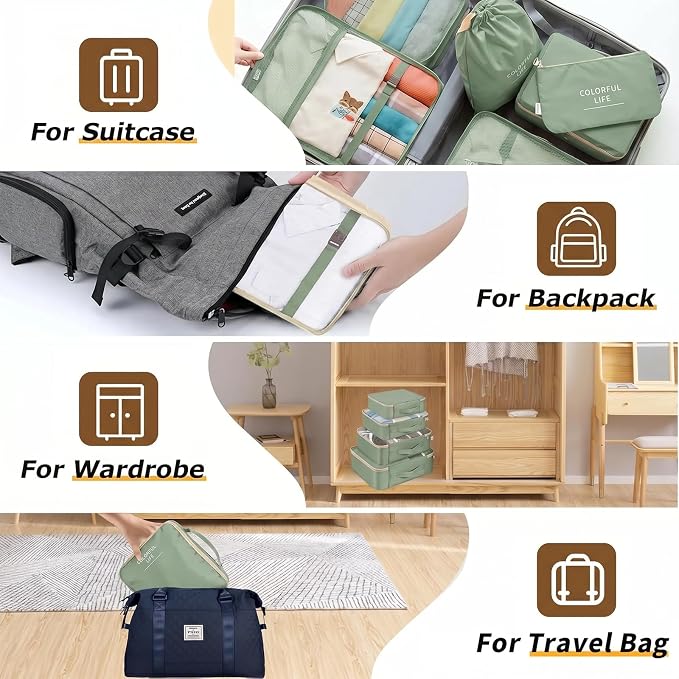 LANSKLBD 6/8 Set Packing Cubes for Suitcases Travel Luggage Packing Organizers,Travel Accessories Essentials Luggage Organizer with Shoe/Tioletry/Laundry Bag (Matcha Green, 8 set)
