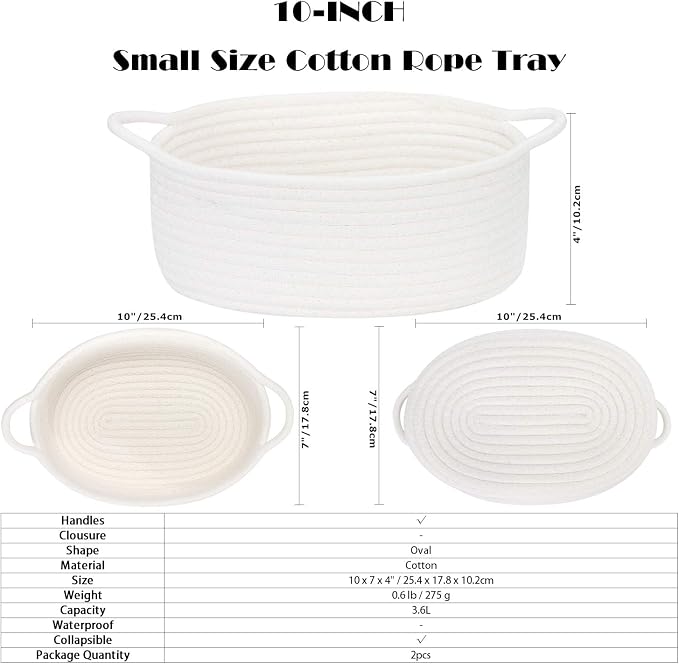Sea Team 2-Pack Compact Woven Cotton Rope Storage Baskets, White | Knitted Decorative Organizer Bins with Handles, Portable Oval Containers for Small Items, Keys, Makeup, Jewelry, Trinkets