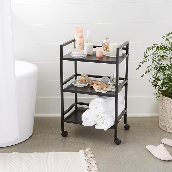 Amazon Basics 3-Tier Metal Rolling Utility Cart, Storage Organizer, Multifunctional Storage, Mobile Shelving, Black