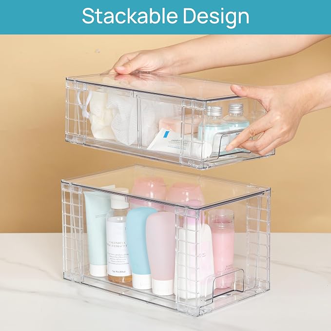Vtopmart Clear Stackable Storage Drawers, 8 Pack Mixed Organizer Set | Medium and Small Pull-Out PET Drawers with Stackable Design for Flexible Organization, Cabinets, Closets, Pantry