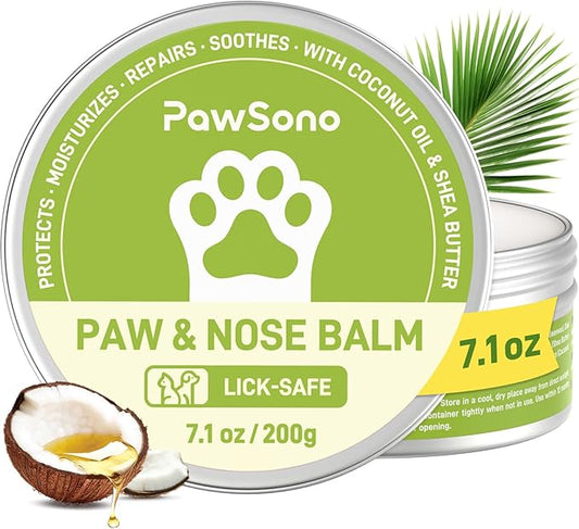 PawSono Lick-Safe Dog Paw & Nose Balm with Coconut Oil | All-Natural Moisturizer & Soother for Dry, Cracked Pads & Snout | Heat & Cold Pavement Protection Wax, Nose Butter for Bulldogs (7.1 oz / 200g)