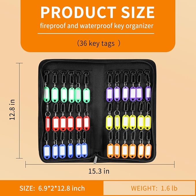 Sdstone Zippered Key Organizer Case Waterproof and Fireproof Key Binder with 36 Hooks and Tags, Key Storage Book for Offices Real Estate Agencies Hotels and Rental Management,Car Service