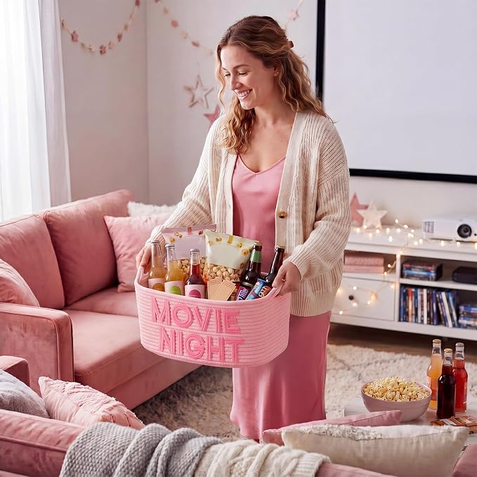 Movie Night Gift Basket with Handles, Cotton Rope Storage Snack Tray | 17"x13"x7" Woven Storage Popcorn Container Large Snack Basket for Movie Night Family Room Home Theater Birthday Party Decor