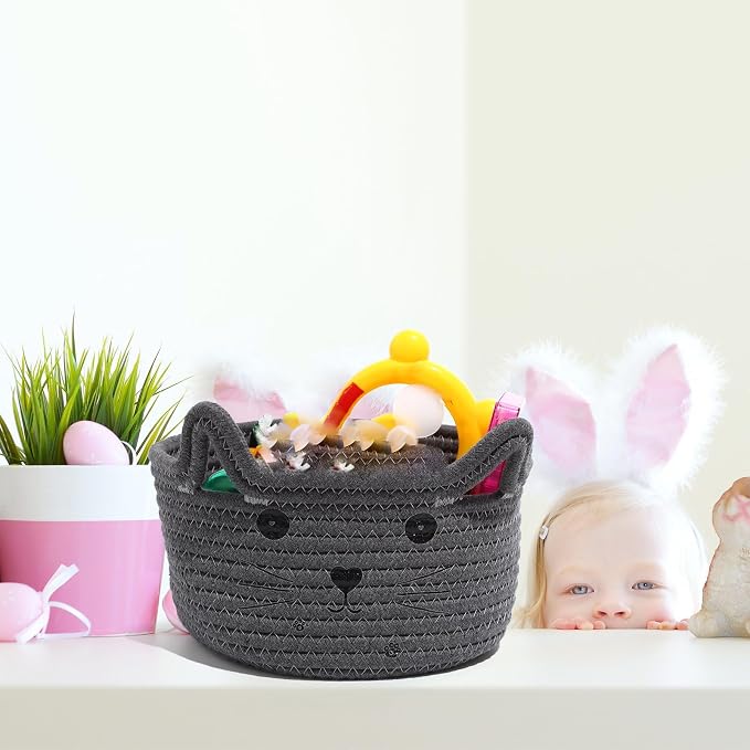 Zopeal Cat Storage Basket Woven Organizer with Ears Decorative Gift Cute Cotton Rope Pet Toy Basket for Gift Cat Dog Toy Bin Nursery Room(8.3 x 4.7 Inch,Gray)
