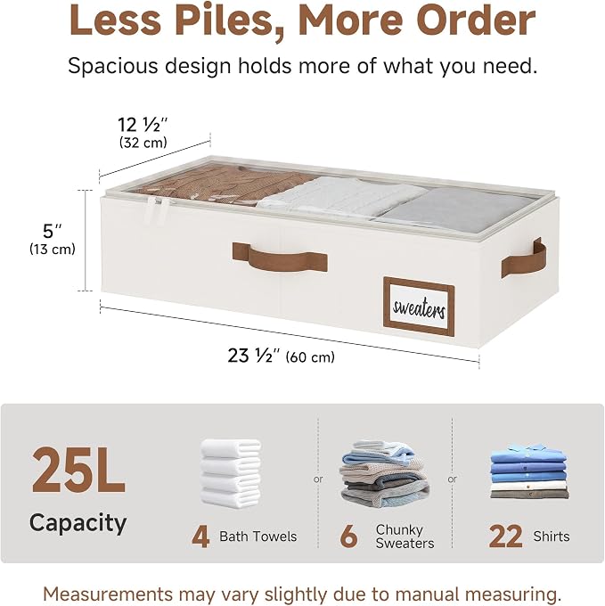StorageWorks 5 Inch Low Profile Under Bed Storage Containers with Clear Lid | Reinforced Structure, Resists Sagging, Handles & Label Holder, Foldable Stackable Closet Storage for Clothes, Blankets, Toys