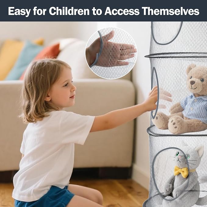2PCS Hanging Mesh Storage Net, 4 Tier Stuffed Animal Storage with Hook | Grey, Polyester Material, Flexible and Breathable, Space Saving Organizer for Toys Clothes