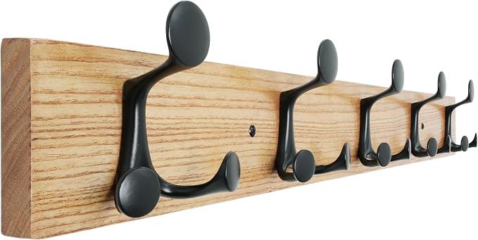 SKOLOO 30-Inch Wood Coat Rack Wall Mount with 5 Triple Hooks - Ideal for Family Entrances, Classrooms, and Pet Supplies Storage - Perfect Coat Hooks for Wall, Black on Natural