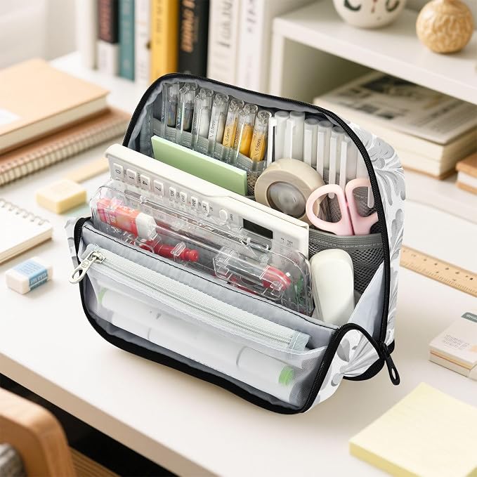 Aslsiy Large Capacity Pencil Case Floral Baroque Damask Grey (4) Pencil Pouch for Boys Girls Portable Pen Bag Organizer Standing Makeup Bag for School Office Supplies