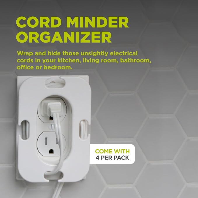 Cord Minder Organizer for Appliances & Lighting, 1 Pack | Charging Cords, Counters & Desktops, Cord Winder, Keeper, Wrapper, Wall Electrical Outlet Cord Storage, CORDMIND1