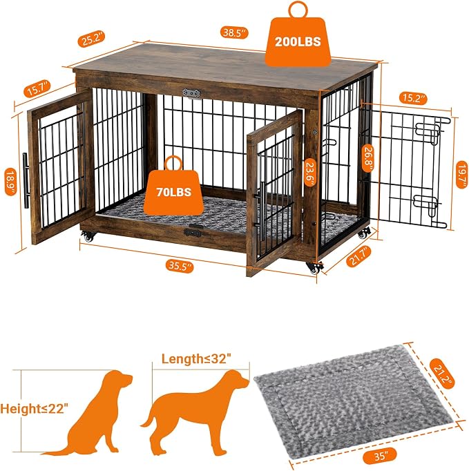 YaFiti Dog Crate Furniture, 38.5" Wooden Indoor Dog Kennel, Rustic Brown | for Large/Medium Dogs, Up to 70 lb, Cushion, Wheels, Double Doors, Furniture Style, Side End Table, Decorative Pet Cage House