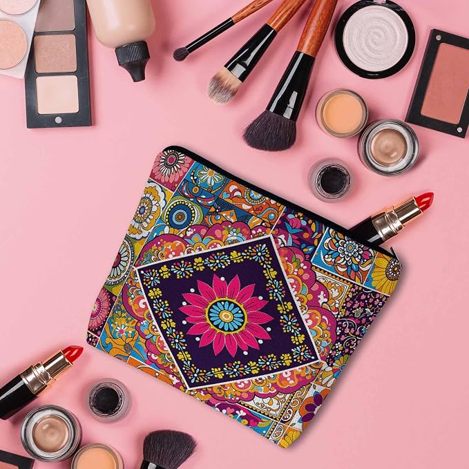 Women Makeup Organizer Bag Mandala Floral, Colorful Ethnic Mandala Flower Patchwork Flax Cosmetic Bag Makeup Bags Toiletry Bag Accessories Organizer Travel Bags For Home Bathroom Office Hotel