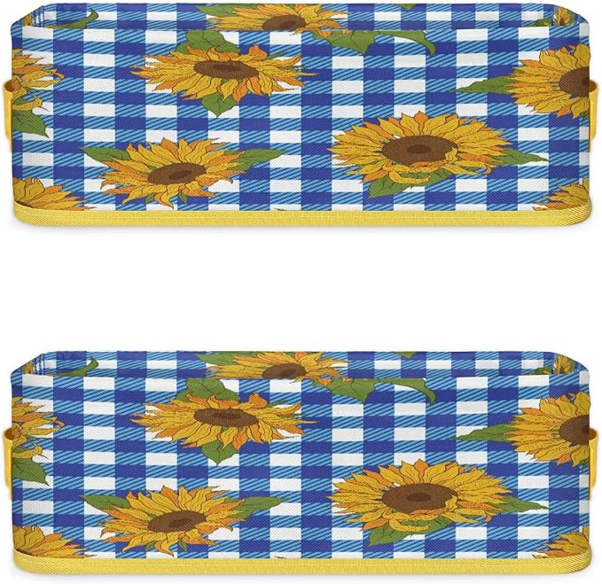 Sunflower Blue White Plaid Bathroom Storage Basket, Foldable with Handle Open Countertop Paper Towel Decorative Box, Toilet Tank Top Shelf Baskets for Home Closet Bedroom Living Room Office