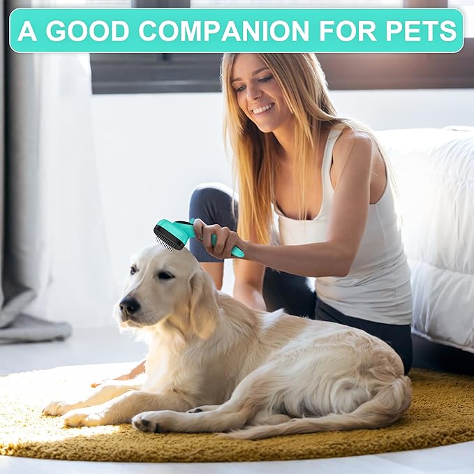 Self Cleaning Slicker Brush for Dog, Skin Friendly Shedding & Grooming Tool for Long and Short Haired Dogs and Cats, Easy Clean Retractable Bristles, Green