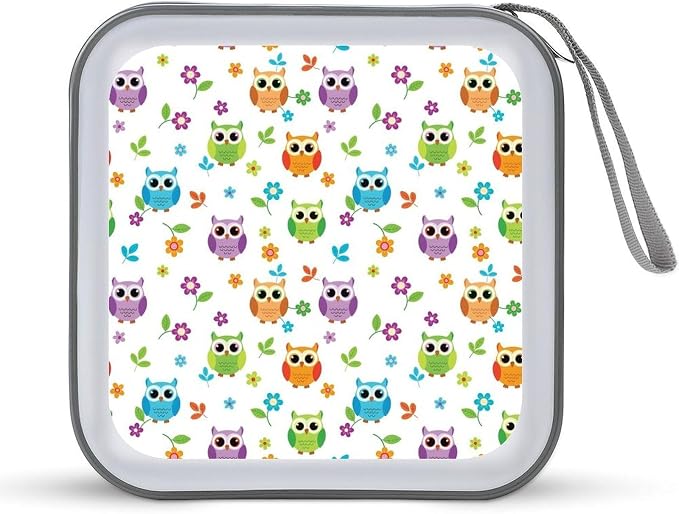 Hard Plastic Protective CD Case Floral Owl, 40-Disc Capacity Storage Binder with Zipper, Portable Organizer for Home Office