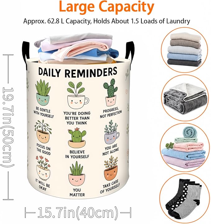 Cute Plant Laundry Basket, Inspirational Potted Botanical Oxford Cloth Dirty Clothes Collapsible Hamper for Room Decor, Garden Gifts, Toy Organizer 19.7 x 15.7 Inches for Bedroom Bathroom Dorm