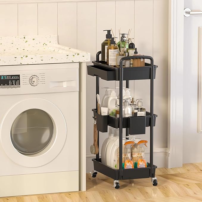 3 Tier Rolling Utility Cart with Drawer, Plastic Storage Organizer Rolling Carts with Wheels Handles Hanging Cups Hooks for Office, Bathroom, Kitchen,Craft Art Room (Black)