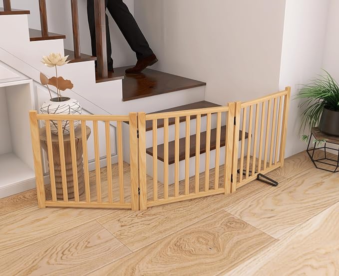 YOCAN Non-Painted Wooden Freestanding Dog Gates - 3 Panels L:69" H:23" | Pet Gate for The House,Doorways, Stairs,Wood Dog Fences Indoor Pet Gate,Step Over Fence
