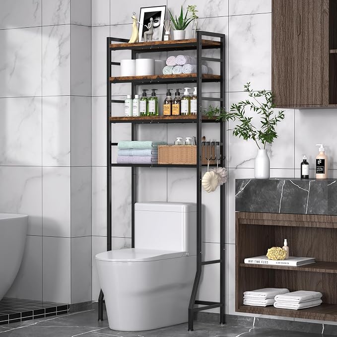 Over The Toilet Storage Rack,4-Tier Over Toilet Bathroom Organizer with Adjustable Wooden Shelves,Freestanding Space Saver Bathroom Cabinet Shelves Over Toilet,Over Toilet Storage, Vintage Brown