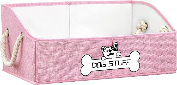 Dog Toy Basket, Storage Bin, Collapsible Box for Pet Accessories | Fabric Container With Handle, Trapezoid Holder for Small Medium dogs, Organizer for Living Room, Pink