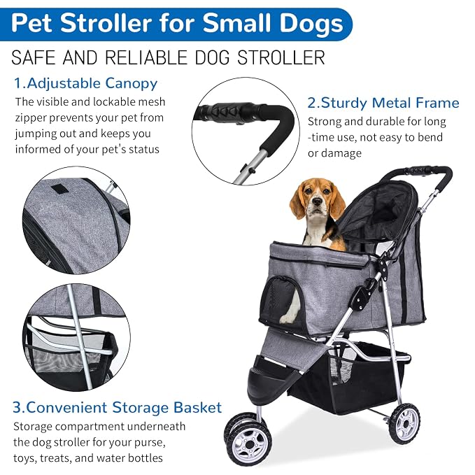 BLKMTY 3 Wheels Dog Stroller, Foldable Stroller for Cat, Dogs Waterproof Travel Carrier Strolling Cart for Puppy Small Dog Jogger Strollers W/Cup Holder & Storage Basket, Grey