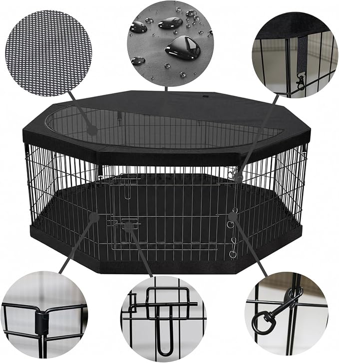 PETIME Foldable Metal Dog Exercise Pen/Pet Puppy Playpen Kennels Yard Fence Indoor/Outdoor 8 Panel 24" W x 36" H with Top Cover and Bottom Pad