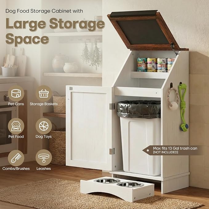 Flip-Top Dog Feeding Station, Dog Food Cabinet with Storage, Dog Food Station with Hidden Feeding Fowls, Pet Storage Cabinet, Pet Food Holder, White Oak Grain